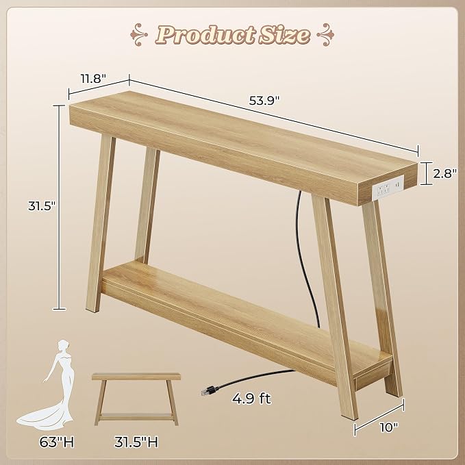 Huuger Console Table with Charging Station, USB-C Port, 2 Tiers Entryway Table - Image 2