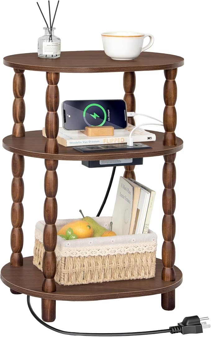 MaxSmeo Small Side Table with Charging Station, 3-Tier Small End Table with USB by MaxSmeo