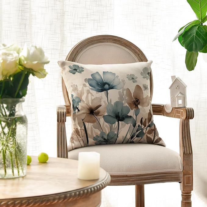 AVOIN colorlife Poppy Flowers Blue Brown Pillow Covers 18x18 Inch Set of 2 | - Image 4