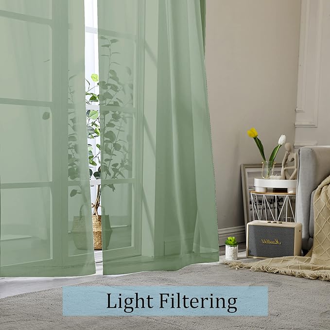 Sheer Curtains, Sage Green Sheer Curtains 84 inch Length 2 Panels Set, Rod - Image 2