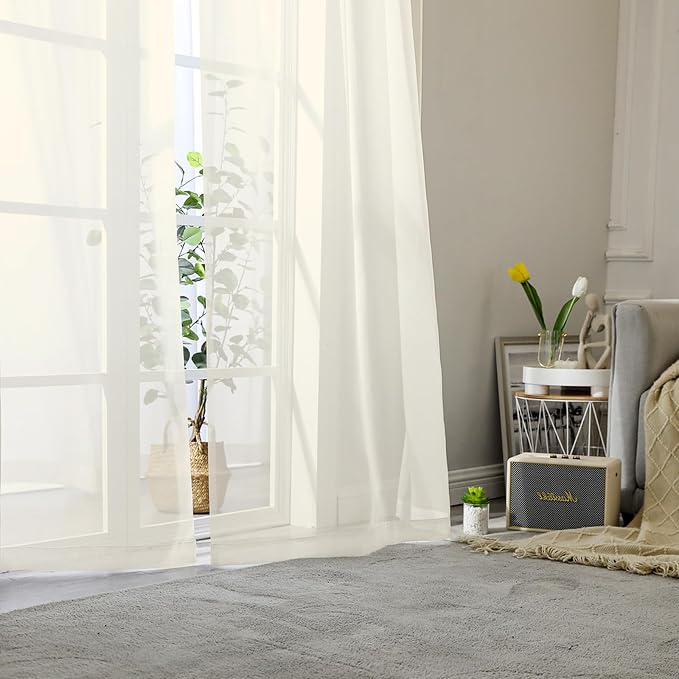 Cream Sheer Curtains 78 Inches Long 2 Panels, Elegant Light Filtering Voile - Image 2