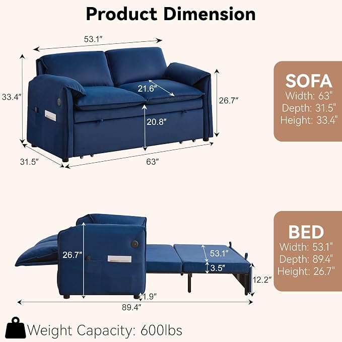 63" Velvet 3 in 1 Convertible Sleeper Sofa Bed, Pull Out Couch Bed Loveseat - Image 3
