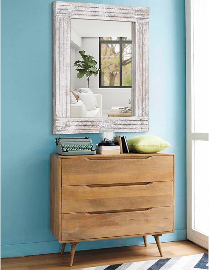 Wall Mirror Rustic Wooden Frame Rectangle Mirror Vintage Hanging Mirror - Image 4