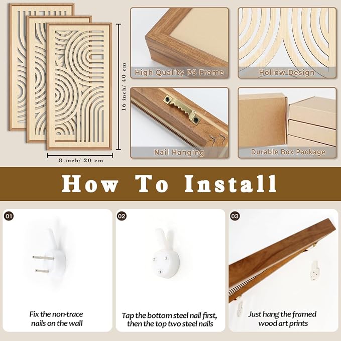 IARTTOP Boho Wooden Framed Wall Art Set of 3 Mid-century Modern Wood Wall Decor - Image 2