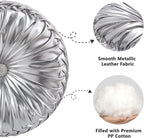 HIG Set of 2 Silver Metallic Leather Decorative Round Pleated Throw Pillows | - Image 3