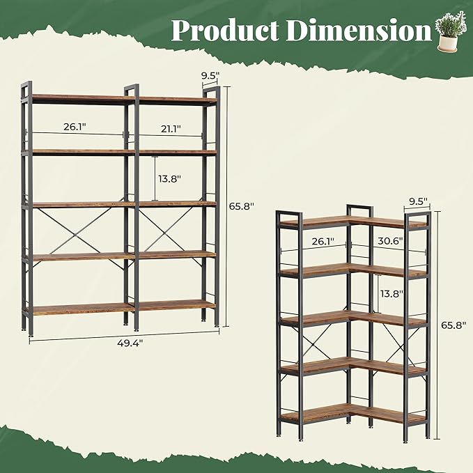Huuger 5 Tier Bookshelf, L Shaped Corner Bookshelf - Image 2