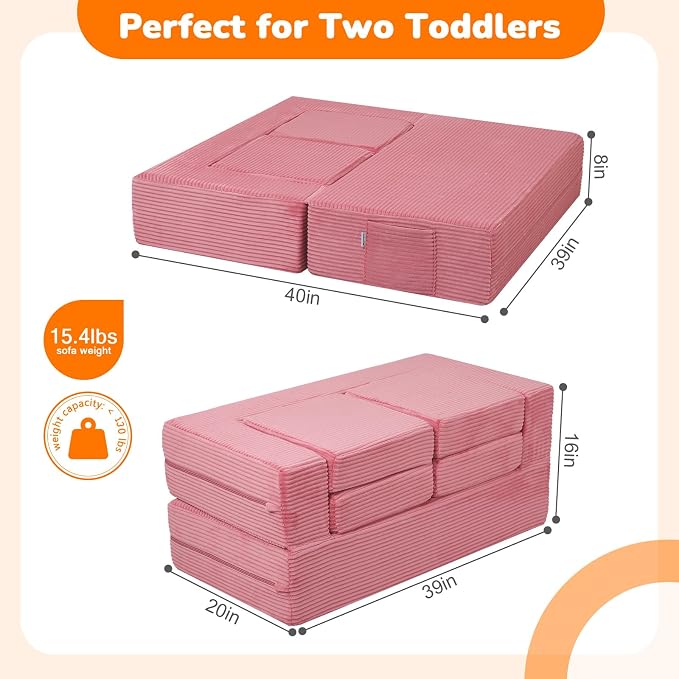 MeMoreCool Pink Corduroy Kids Play Couch, Modular Toddler Couch - Image 3