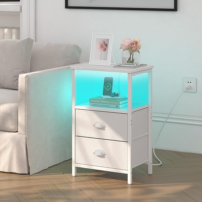 sthmec Nightstand with Charging Station, LED Night Stand with 2 Fabric Drawers - Image 2