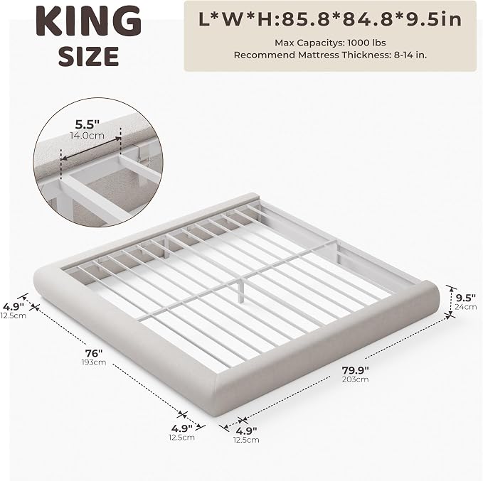 RECCI AirFrame Half-Moon Upholstered King Platform Bed Frame, Velvet Curved - Image 2