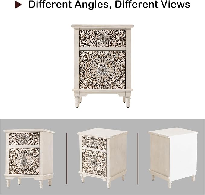 HOMPUS White Nightstand with Drawer & Storage, Fully-Assembled Flower Motif - Image 9