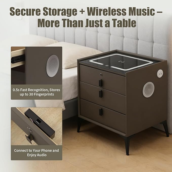 Smart Nightstand with Charging Station, Adjustable LED, USB Ports, Fingerprint - Image 4