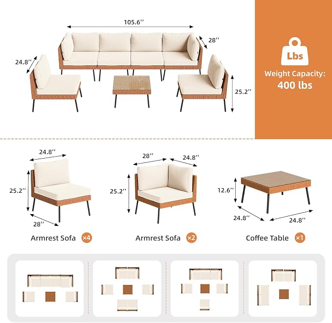 Aoxun 7-Piece Patio Furniture Set, Wicker Outdoor Furniture - Image 2