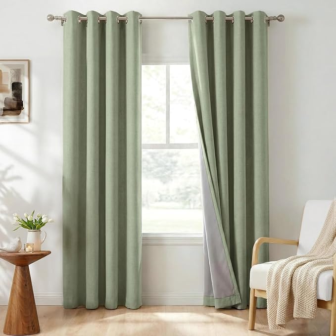 100% Blackout Linen Textured Curtains 72 Inch Long, Sage Green | 100% Blackout by 100BlackoutShield