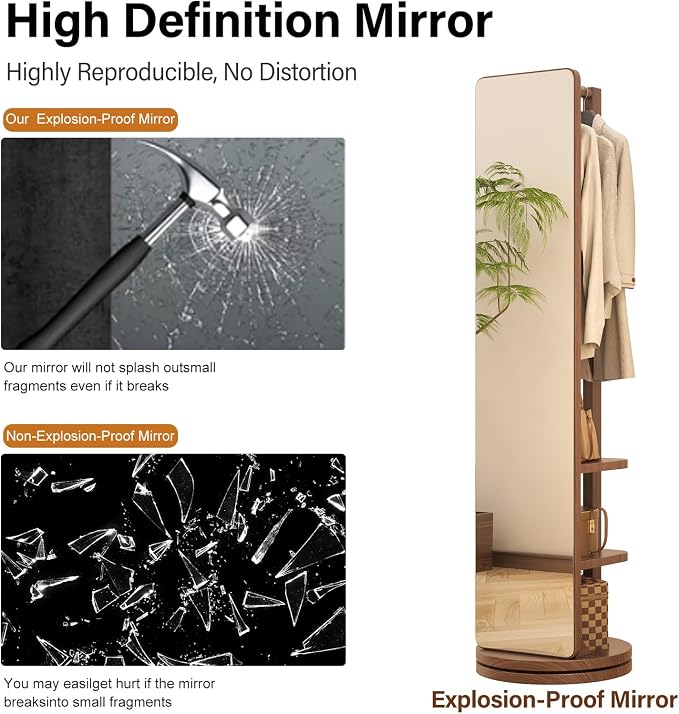 WoodsWhisper Full Length Mirror Coat Rack Solid Wood Floor Mirror 70"x16" Full - Image 6