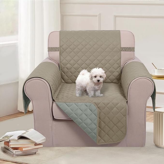 U-NICE HOME Reversible Recliner Chair Covers, Khaki/Light Grey | 23''Armchair - Image 2