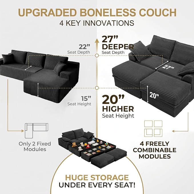 Upgrade Boneless Couch with Storage, Extra Deep&High Seat Modular Sectional - Image 6