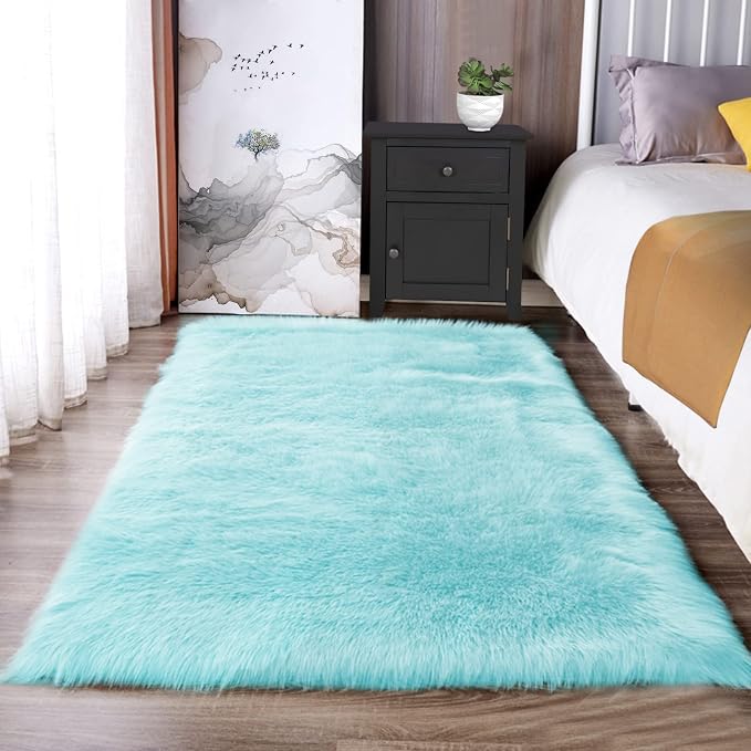 Latepis Blue Rugs for Bedroom Washable 3x5 Faux Sheepskin Fur Rug Fluffy Shaggy by Latepis