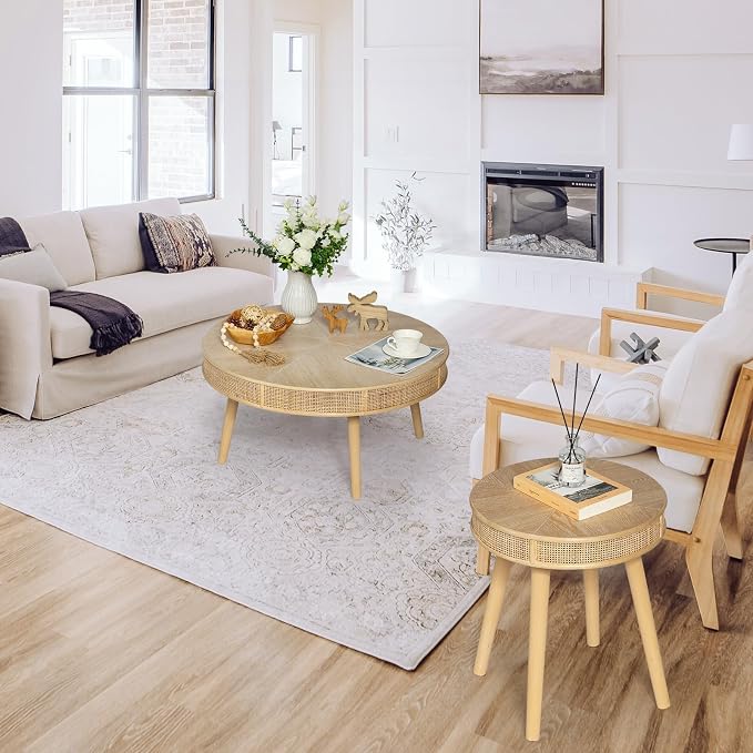 Wnutrees Farmhouse Round Coffee Table, Rustic Sofa Side Tea Tables Nesting - Image 3