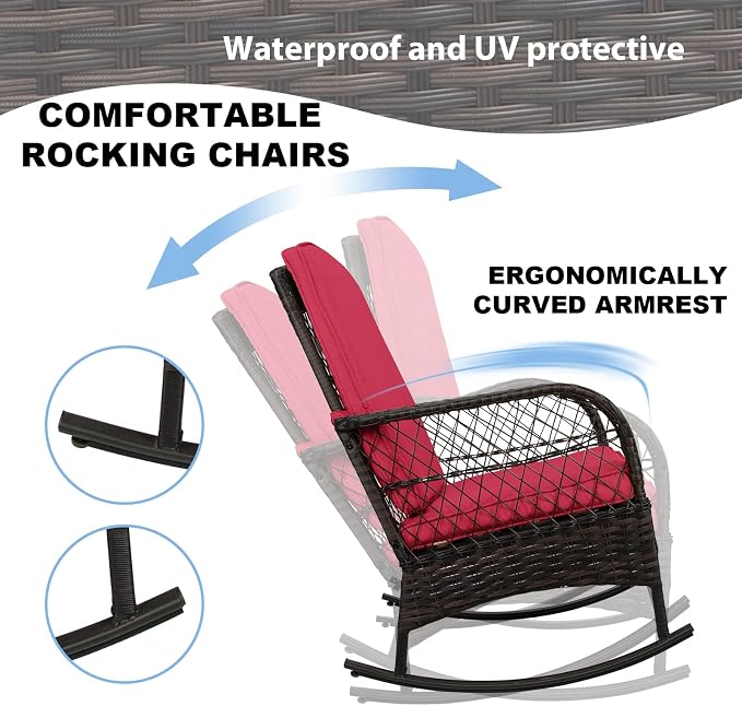 LEVELEVE 3 pcs Rocking Bistro Set Conversation Chairs PE Wicker Outdoor Rocking - Image 3