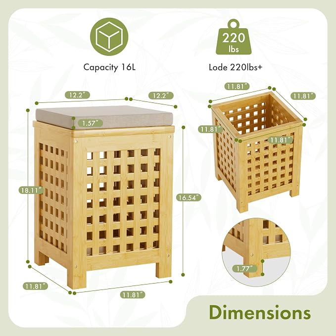 Bamboo End Table with Removable Cushion and Hidden Storage, 2-in-1 Ottoman Side - Image 3