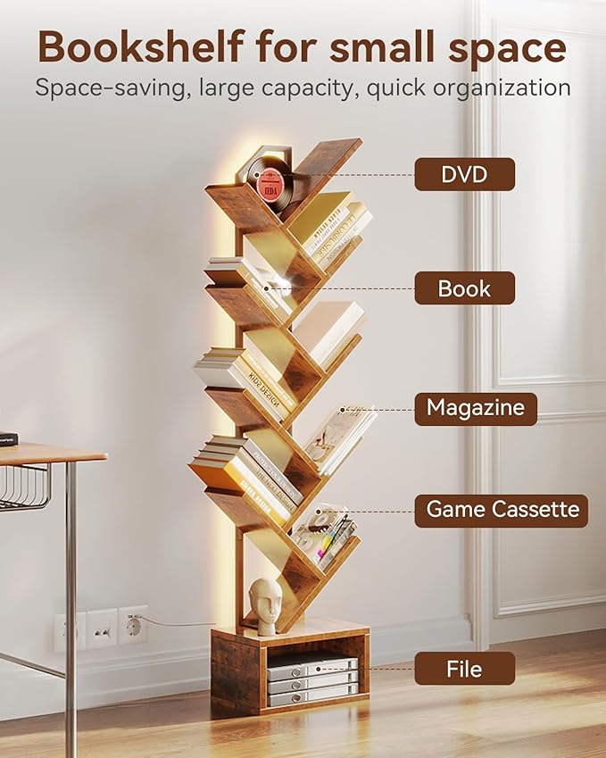 Casaottima Tree Bookshelf with LED Lights, 8-Tier Narrow Bookcase - Image 4