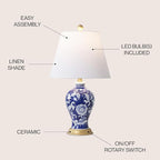 JONATHAN Y 24" Navy/White French Country Ceramic Floral Urn Table Lamp - Image 3