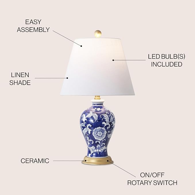 JONATHAN Y 24" Navy/White French Country Ceramic Floral Urn Table Lamp - Image 3