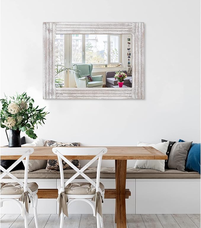 Wall Mirror Rustic Wooden Frame Rectangle Mirror Vintage Hanging Mirror - Image 2