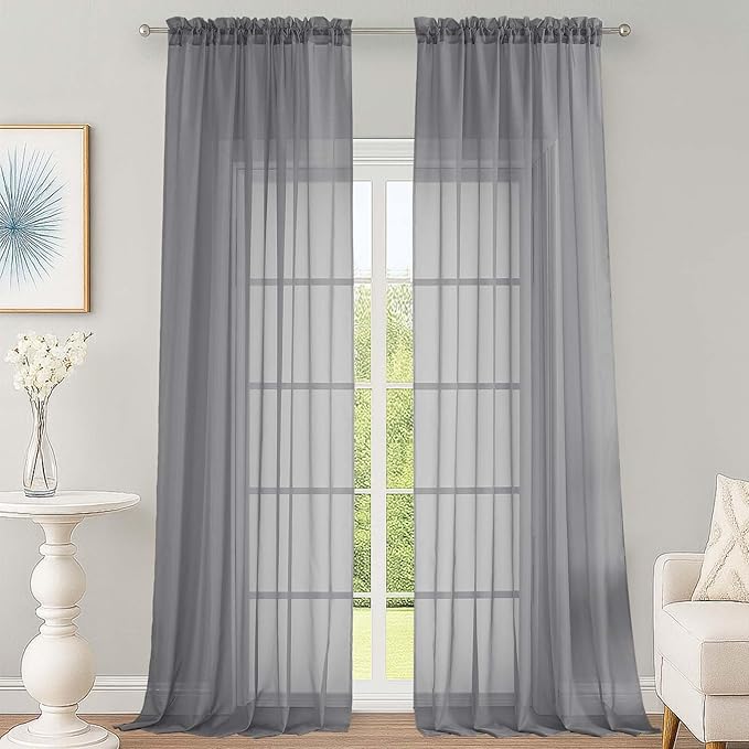 Grey Sheer Curtains 120 Inches Long 2 Panels Set, Airy Lightweight Sheer Grey by OWENIE