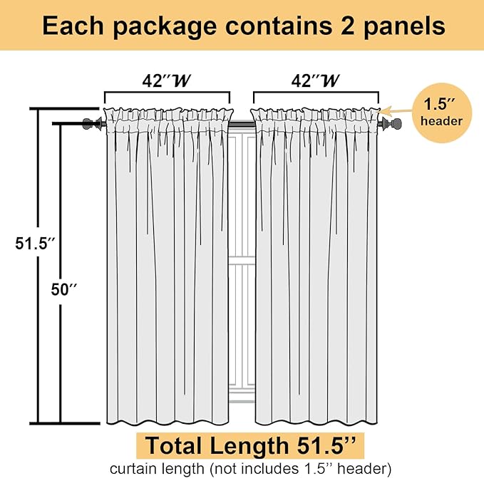 Cream Sheer Curtains 50 Inch Length 2 Pcs, Rod Pocket Light Filtering Voile - Image 2
