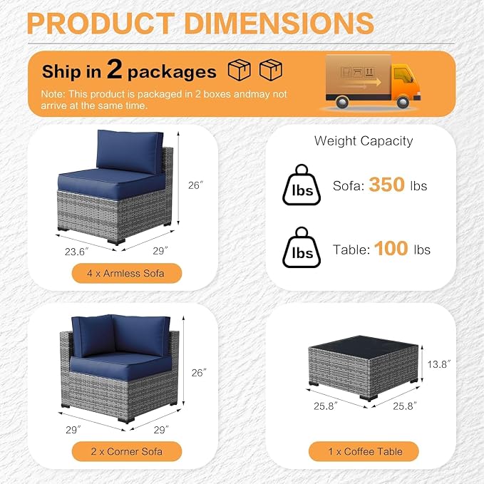 MOCHITO 5 Pieces Outdoor Patio Furniture Sets, All-Weather Sectional Sofa Grey - Image 5