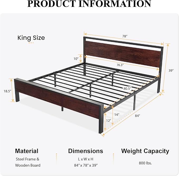 SHA CERLIN 14 Inch King Size Metal Platform Bed Frame - Image 2