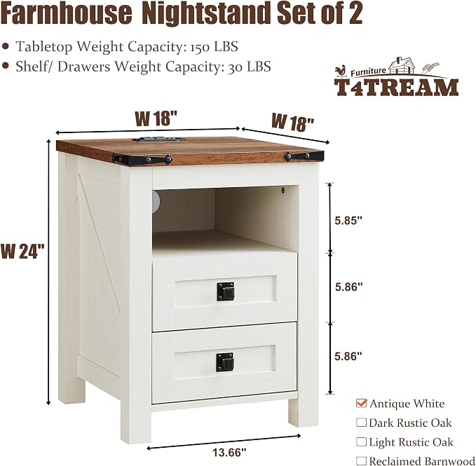 T4TREAM Farmhouse Nightstand Set of 2, Rustic End Table - Image 3