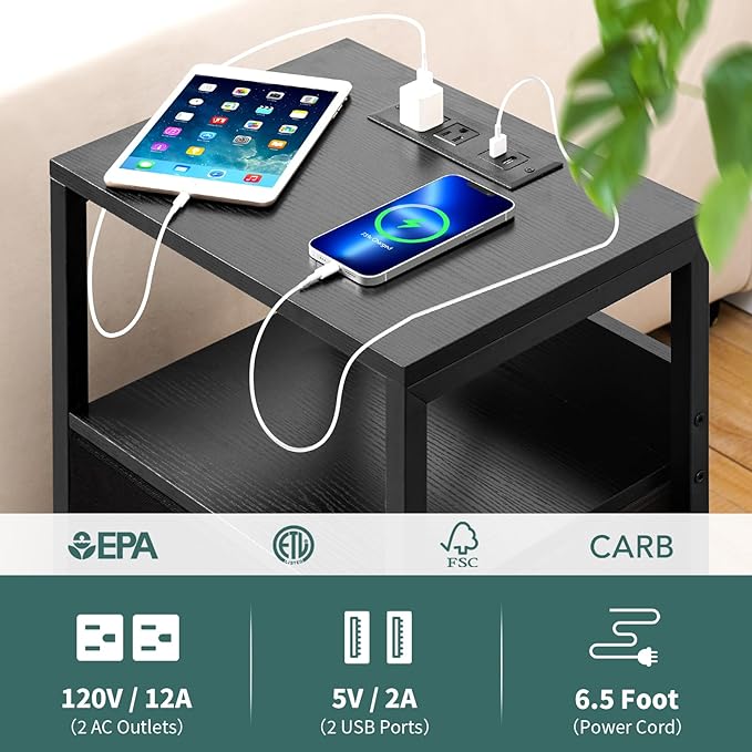 Yoobure Nightstand with Charging Station, LED Night Stand with Fabric Drawers - Image 7