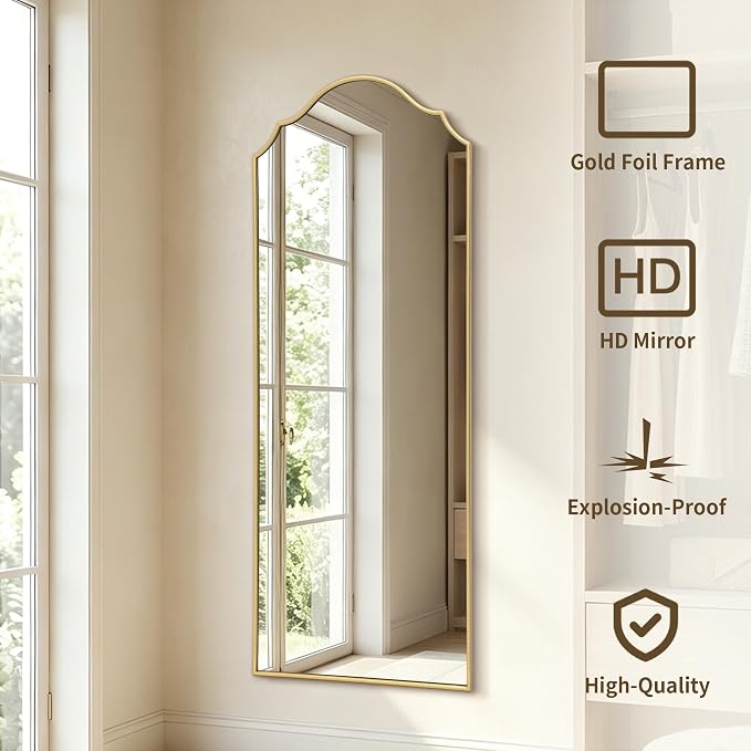 Besdomus Scalloped Full Length Mirror: 21"x56" Gold Arched Floor Mirror - Image 2