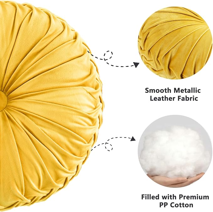 HIG Set of 2 Yellow Velvet Decorative Round Pleated Throw Pillows | Vintage - Image 4
