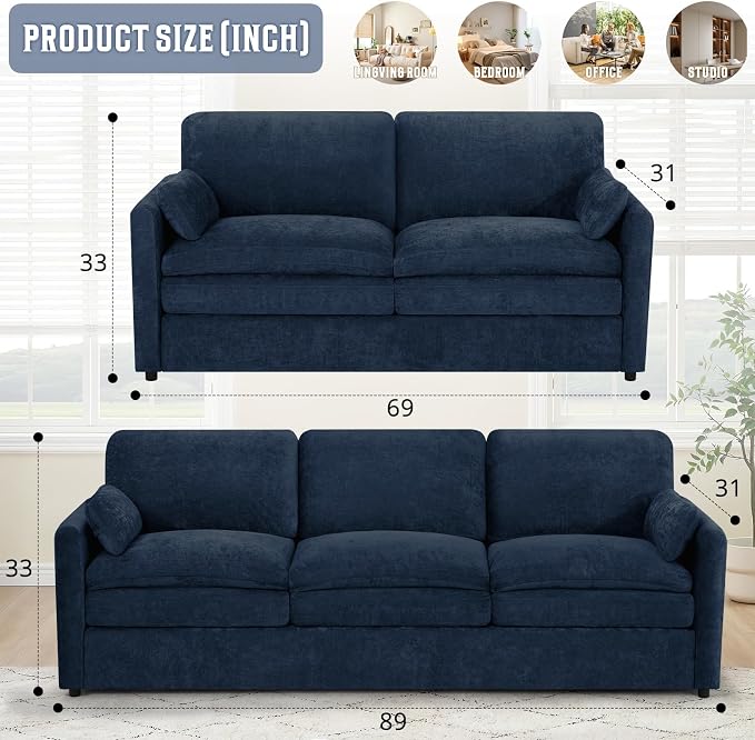 Classic Chenille Sofa Set with 2 Extra Armrest Pillows, Loveseat and 3-Seat - Image 3