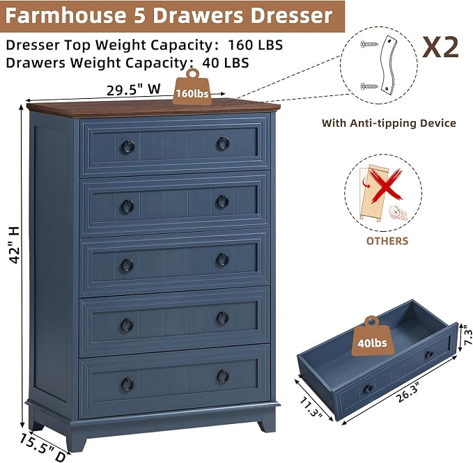 Joaxswe Farmhouse 5 Drawer Dresser - Image 2