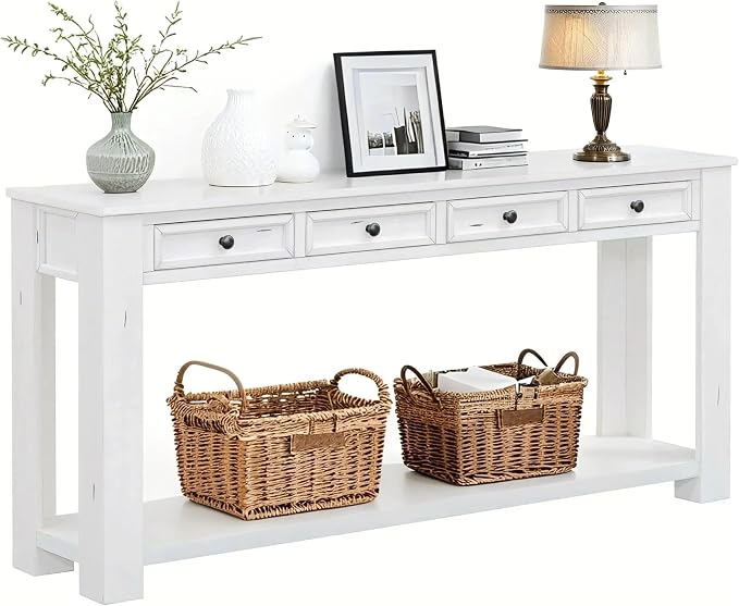 LKTART White Console Table, Solid Wood Sofa Table by LKTART