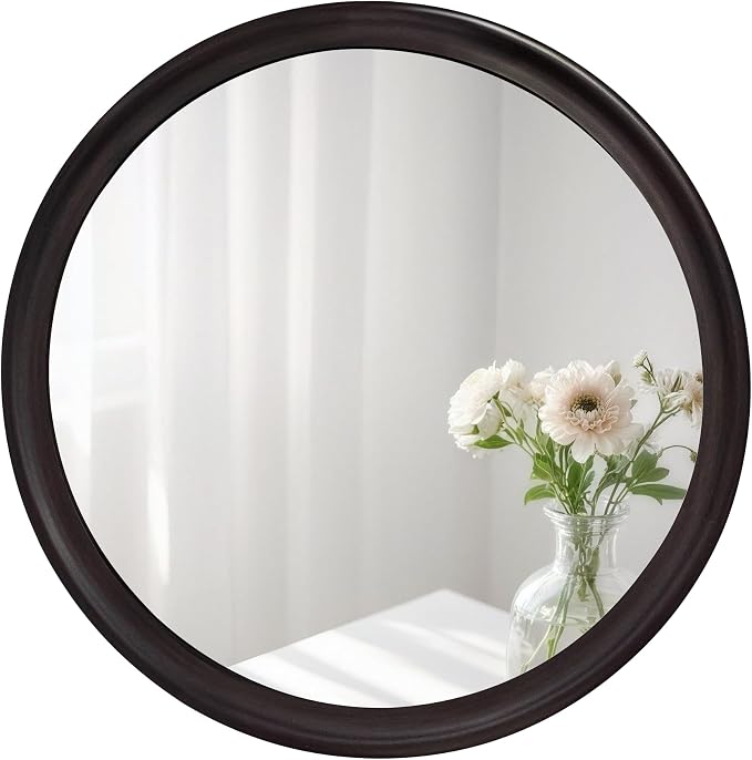 Round Mirrors 24 Inch, Rustic Decorative Transitional Dark Walnut Wall Mirror by WIOWUR