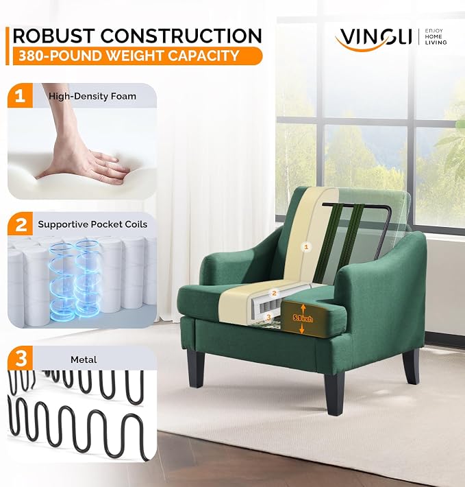 VINGLI Linen Fabric Accent Chairs Set of 2, Comfy Sofa Chair Living Room - Image 4