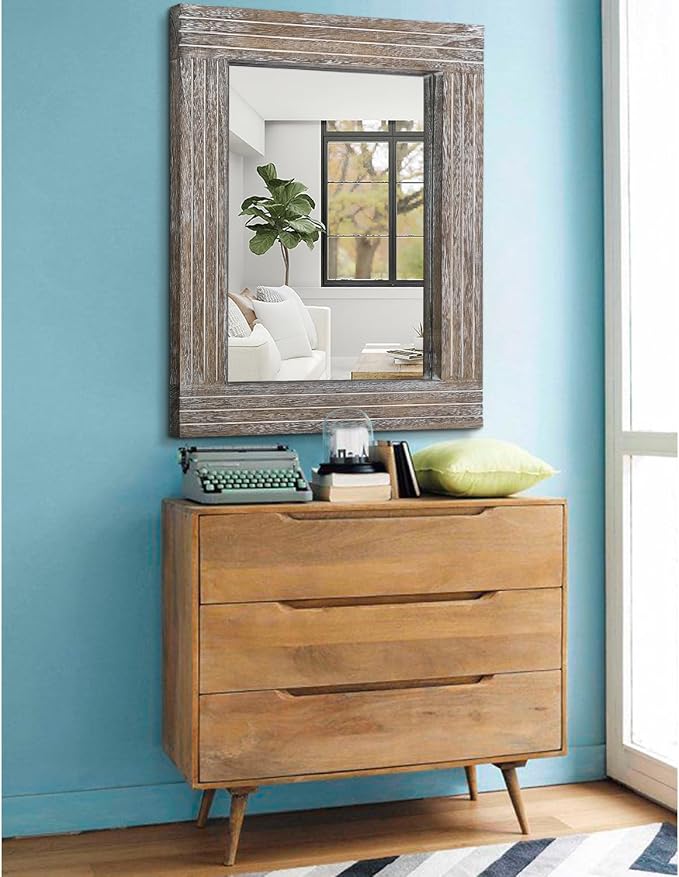 Wall Mirror Rustic Wooden Frame Rectangle Mirror Vintage Hanging Mirror - Image 4