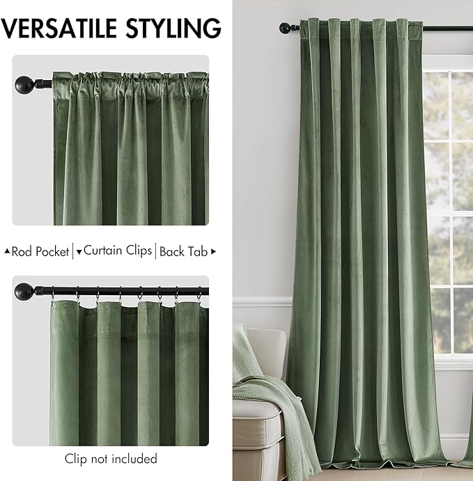 MIULEE Sage Green Velvet Curtains 52x63 inches Luxury Blackout Curtains | - Image 2