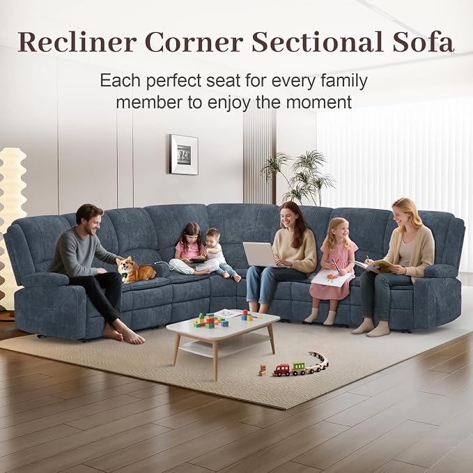 Yolsali Manual Reclining Sectional Sofa Set, 7 Seats Soft Fabric Recliner - Image 3