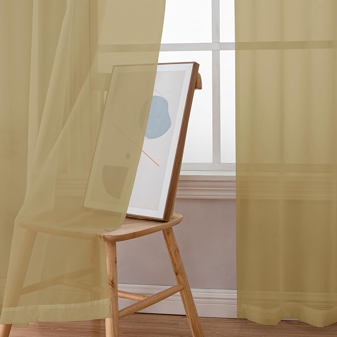 Gold Sheer Curtains 84 Inch Length 2 Panels Set, Light Filtering Voile Fimly - Image 3