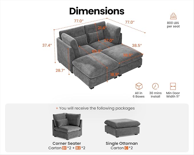 77" Oversized Chenille Couch Modular Sectional Sofa, Washable Cloud Couch - Image 2