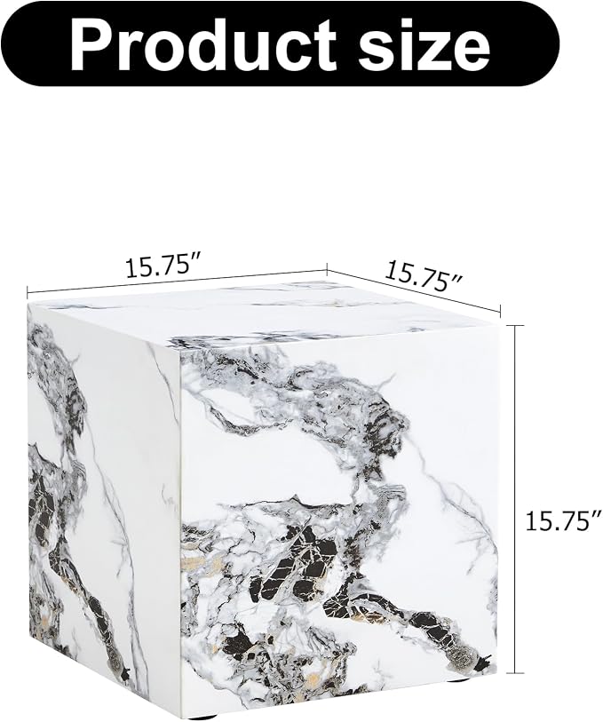 16'' Cube Coffee Table with Marble Stone Pattern, Square No Assembly End Table - Image 2