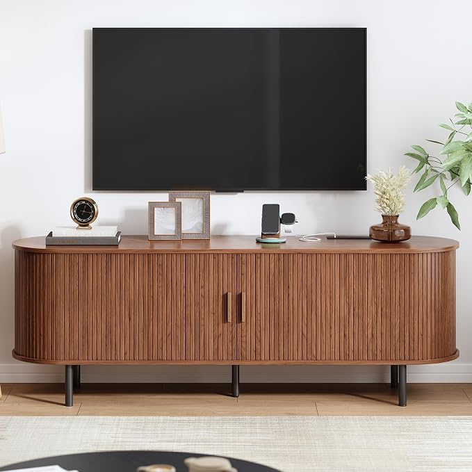 63" Fluted TV Stand with Power Outlet, Modern Media Console with Sliding Doors - Image 7