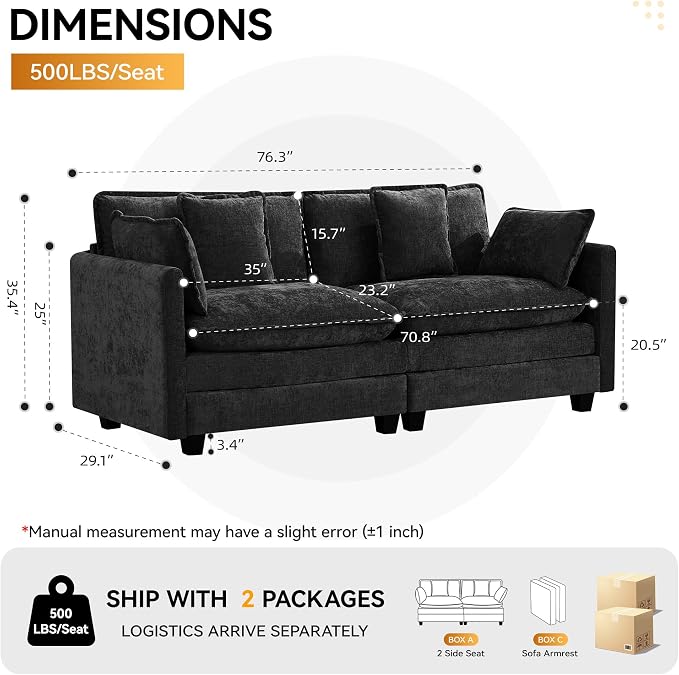 76'' Cloud Deep Seat Loveseat, Upholstered Chenille Modular 2-Seats Sectional - Image 2