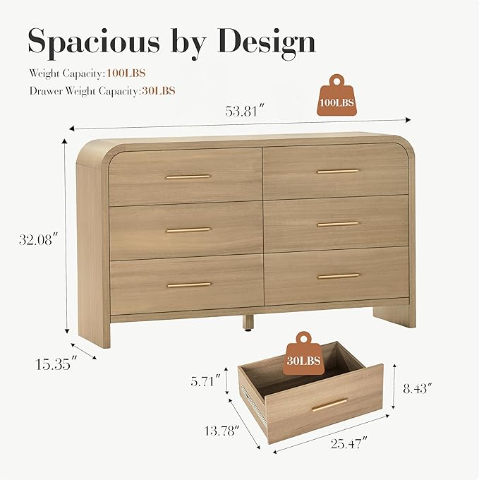 Curved 6-Drawer Dresser for Bedroom, Vanity Desk TV Stand for Living Room - Image 2